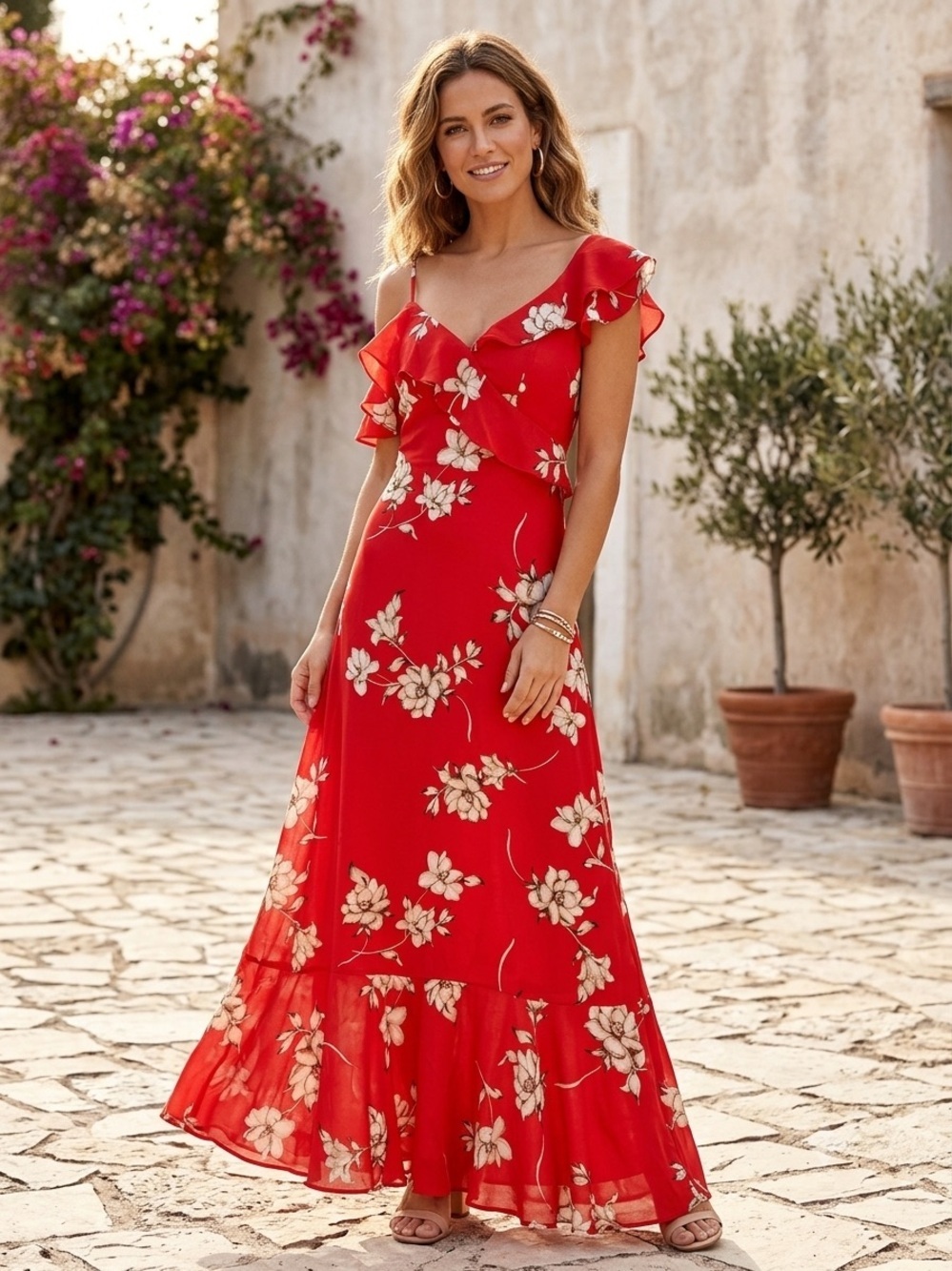 Heartloom Red Floral One Shoulder Ruffle Midi Dress Small Euro Summer Wedding